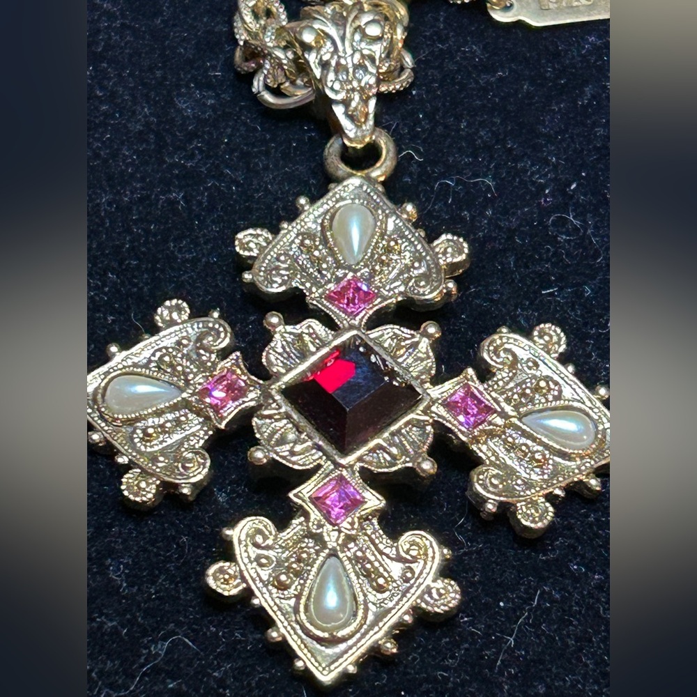 1928 Gold CrossNecklace with Pink and Red Accents - Picture 7 of 8
